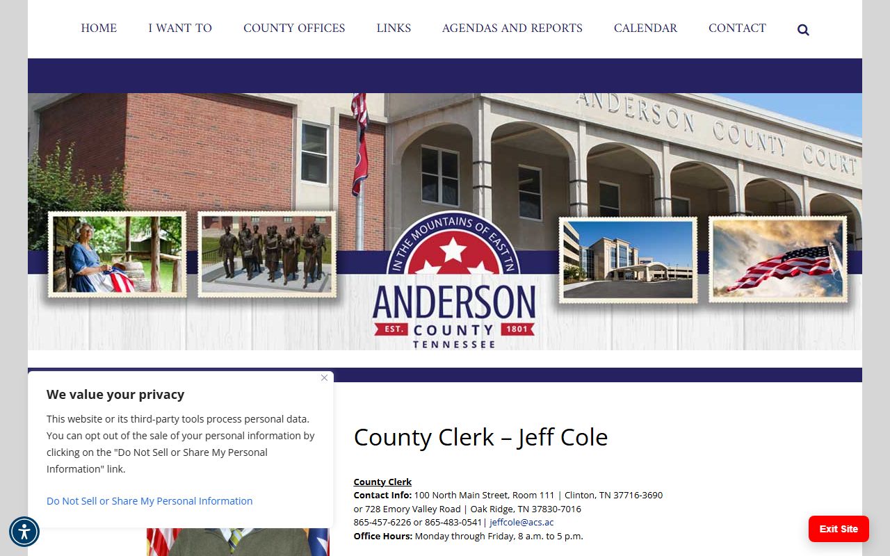 Anderson County Marriage Records office at the Anderson County Clerk website