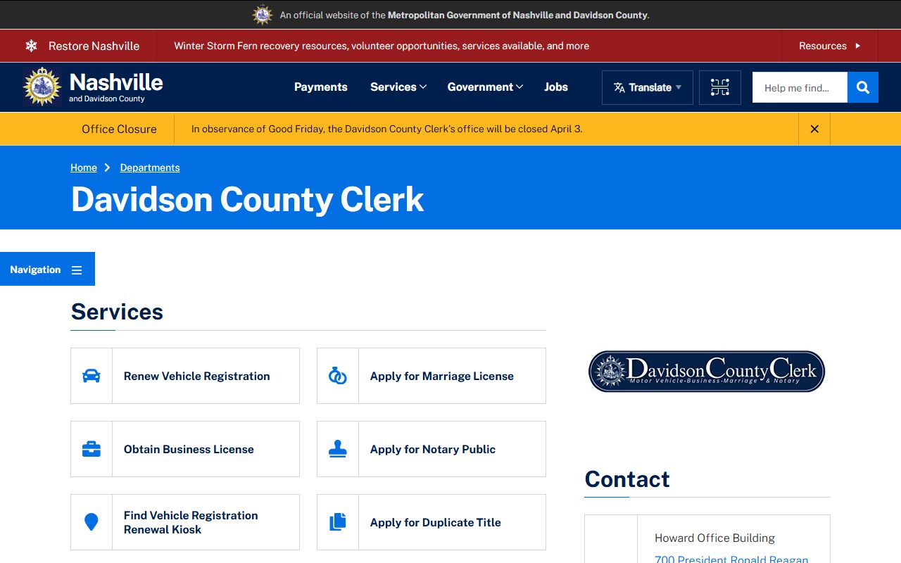 Davidson County Clerk website for marriage records