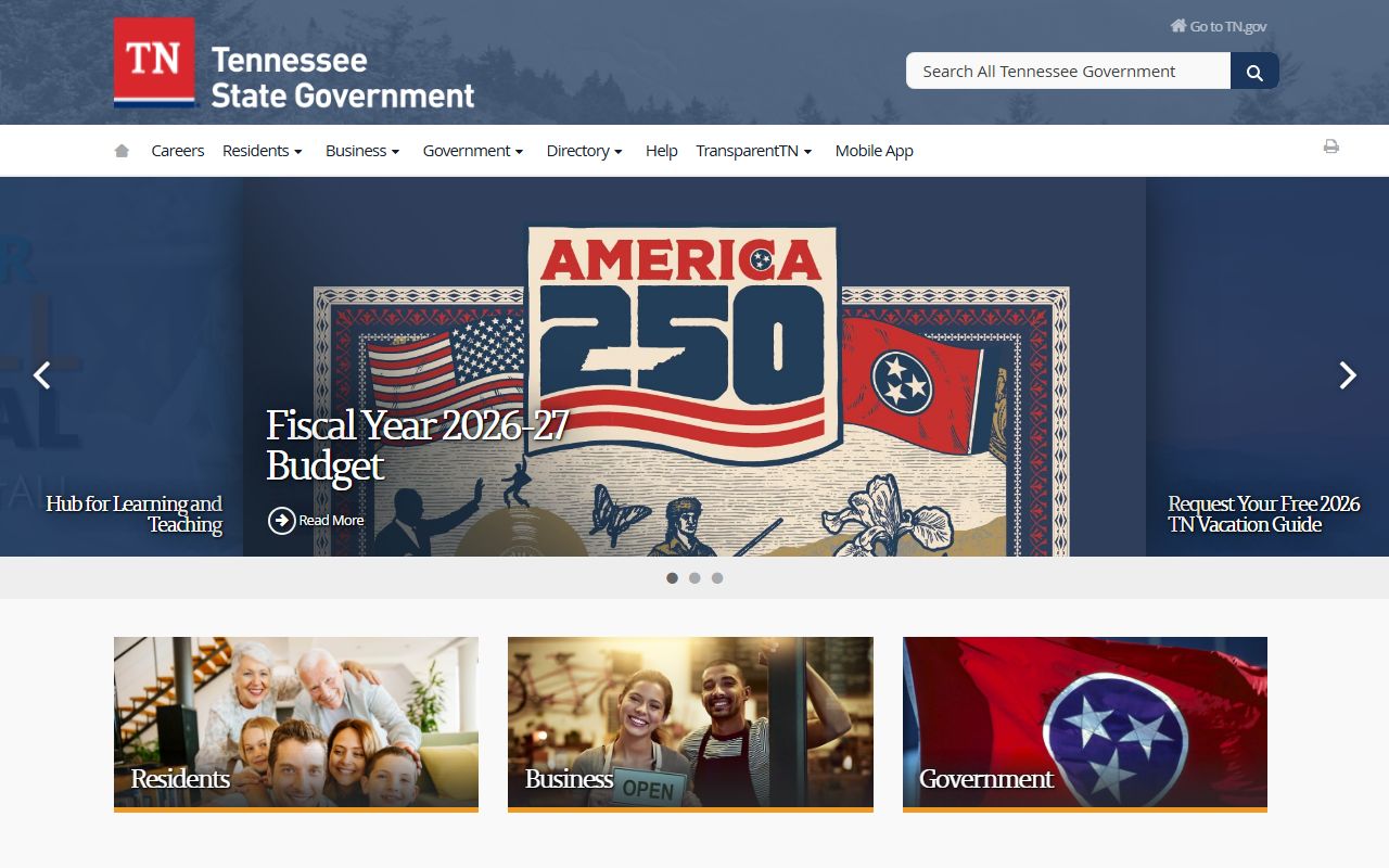 Tennessee state government portal for marriage records and agency navigation