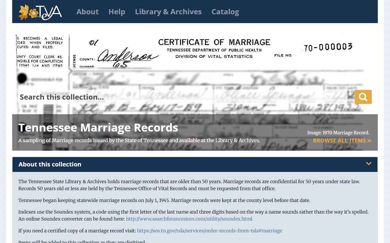 Tennessee Marriage Records collection at the Tennessee Virtual Archive