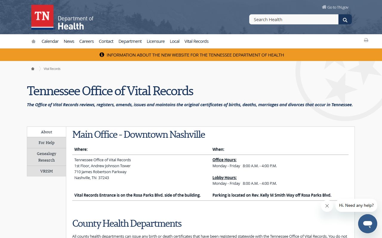 Tennessee Marriage Records information at the Tennessee Department of Health