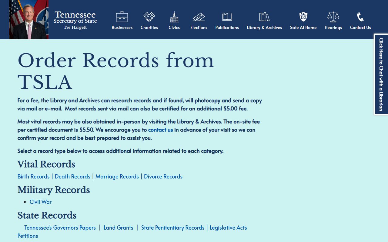 Tennessee Marriage Records ordering portal at the Tennessee State Library and Archives